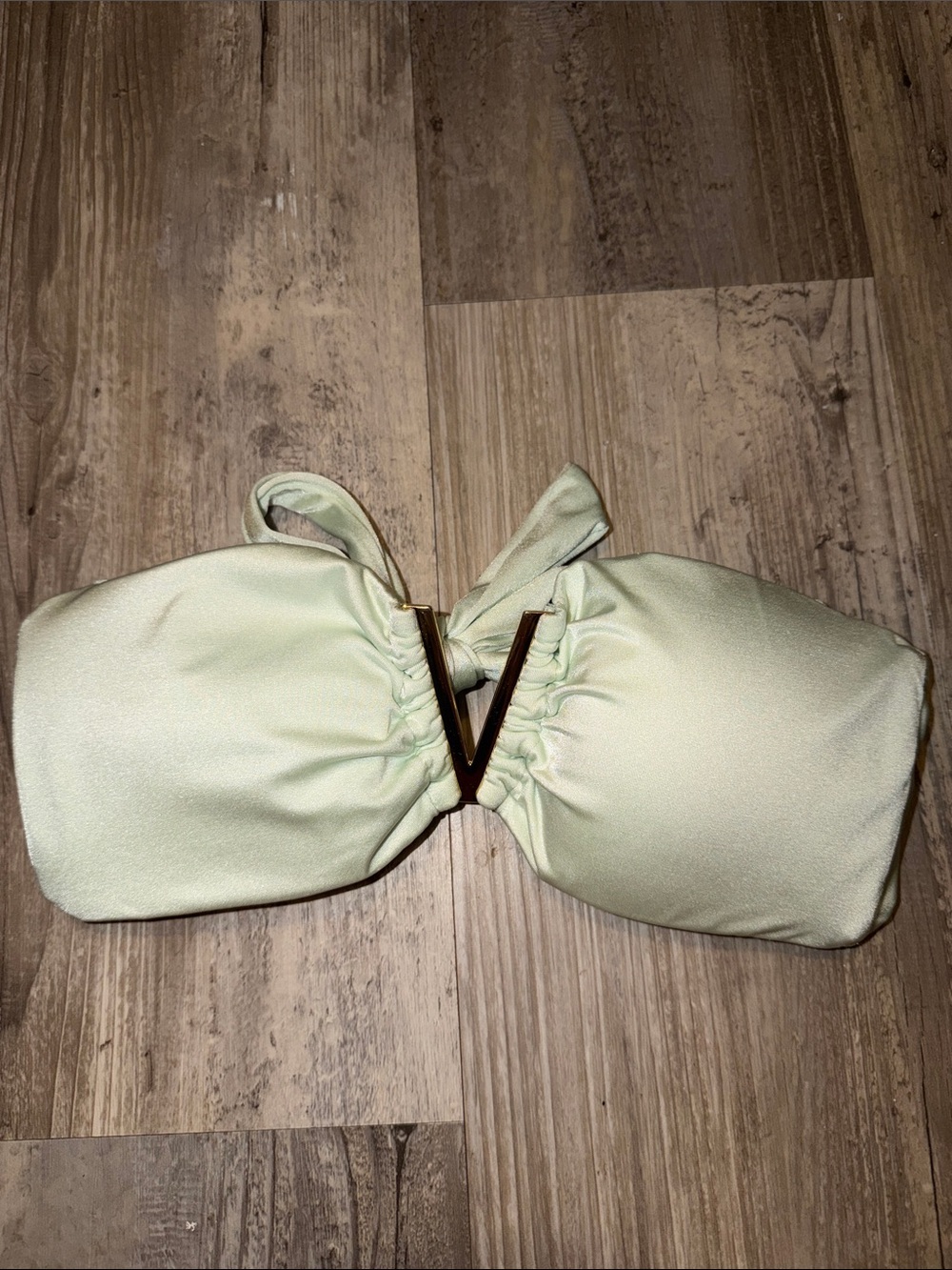 Victoria’s Secret Mint Green Bikini Top Medium Gold V Tie Back Strapless Padded